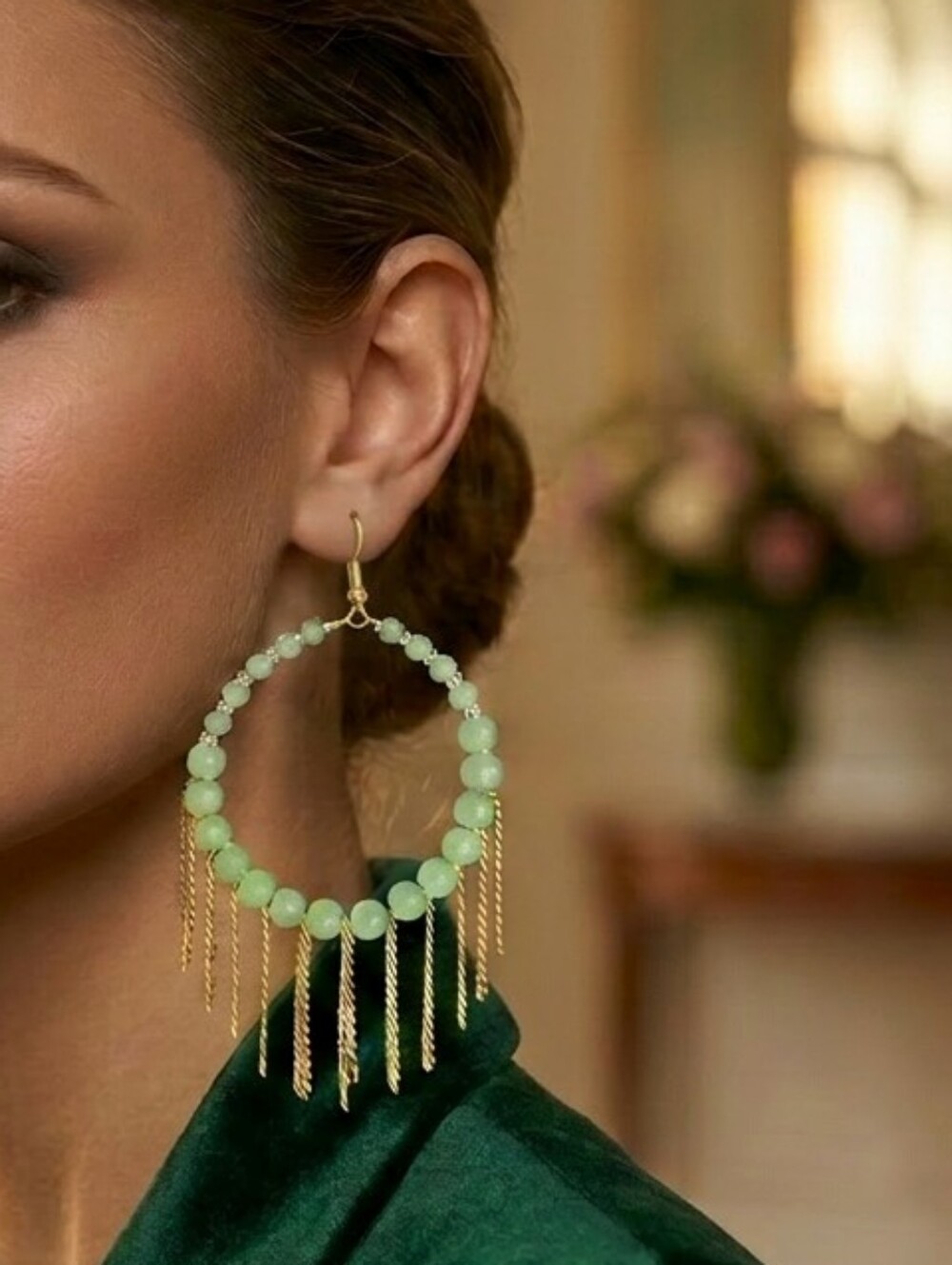 Plunder Elegant Green Beaded Hoop Earrings with Gold Fringe - Brand